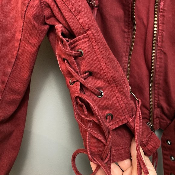 Free People Oversized Red Denim Moto Jacket Size M - Picture 11 of 14